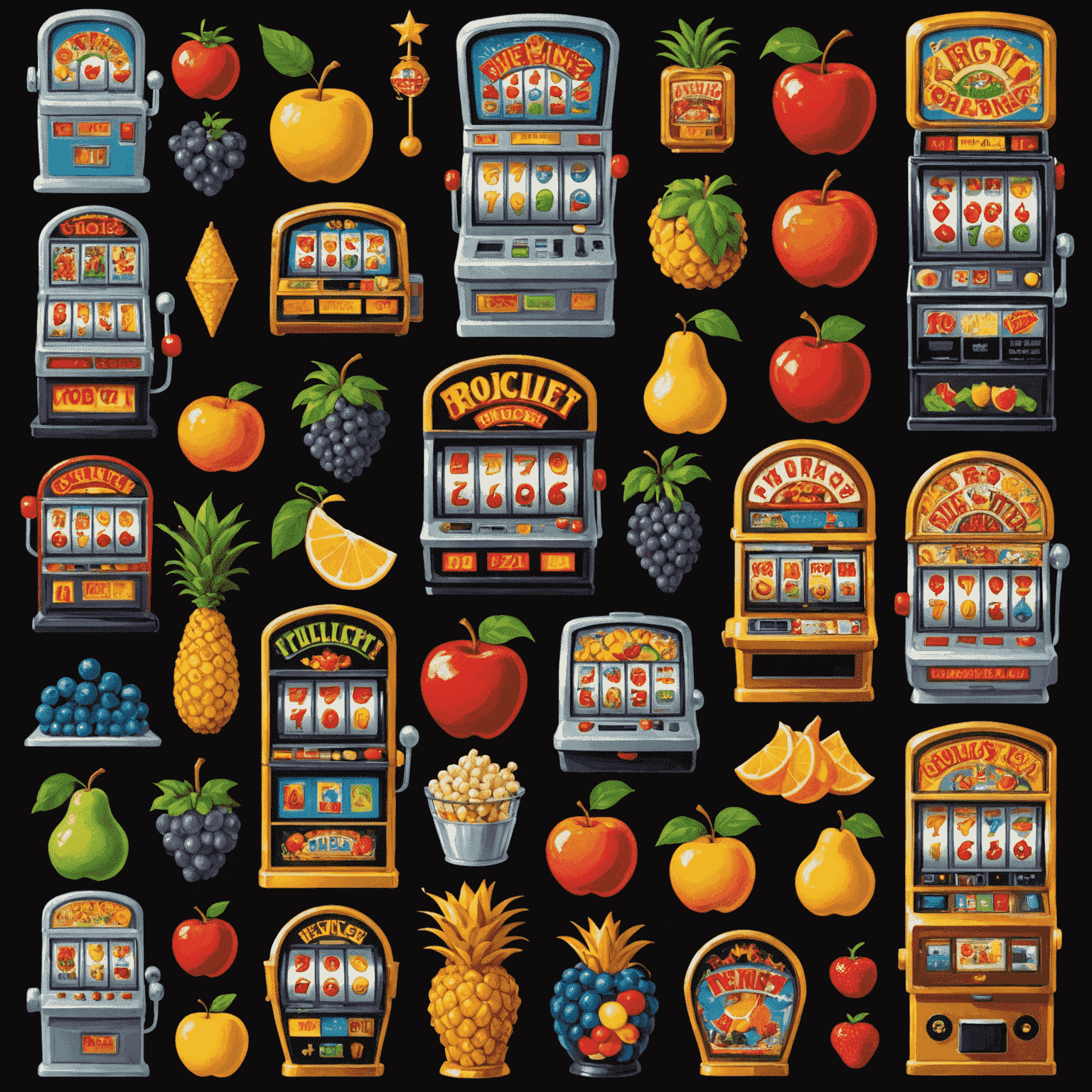 A collage showing the evolution of slot machines from classic fruit symbols to modern movie-themed slots, featuring iconic fruit symbols transitioning into characters from popular films