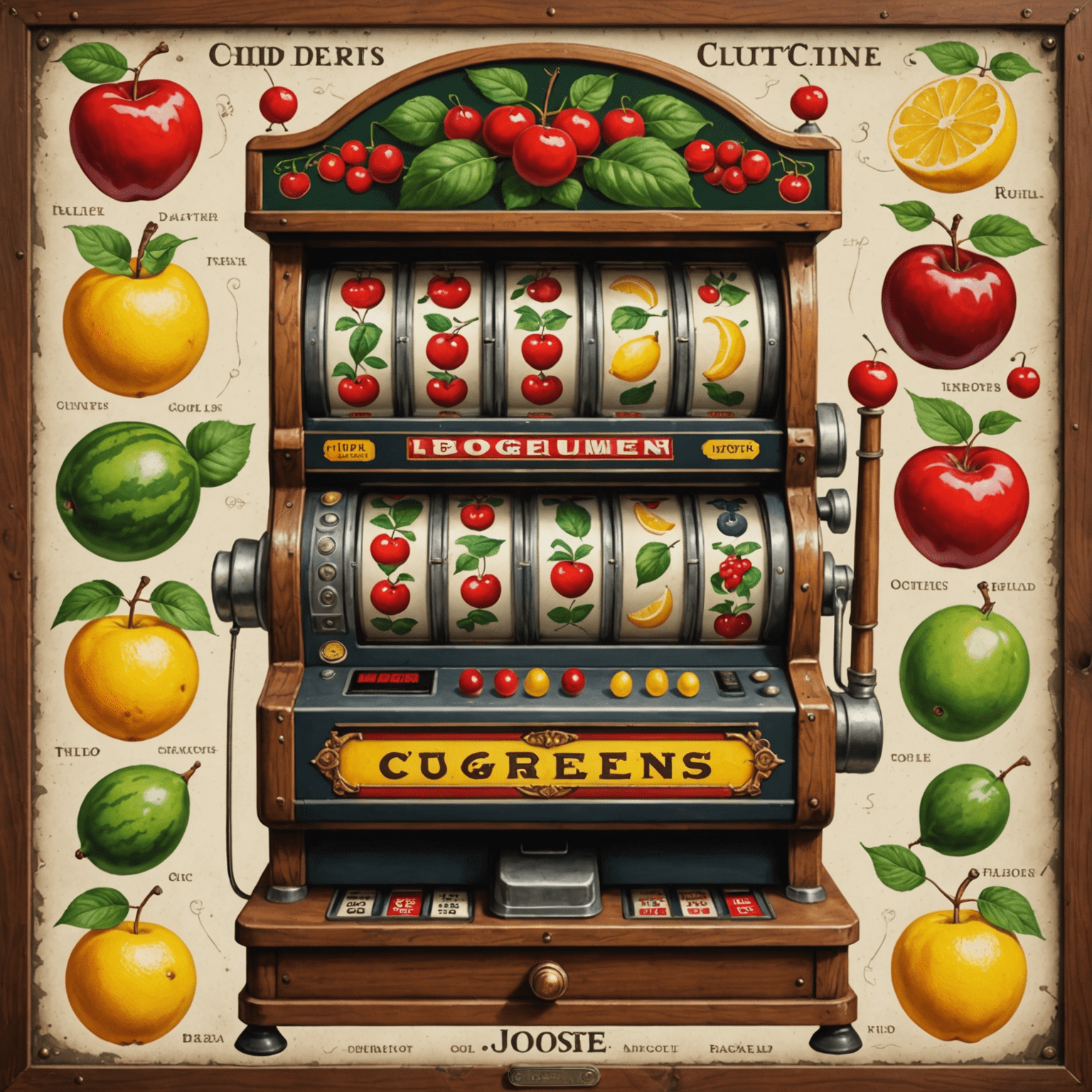 An old-fashioned fruit machine with classic fruit symbols like cherries, lemons, and watermelons on its reels