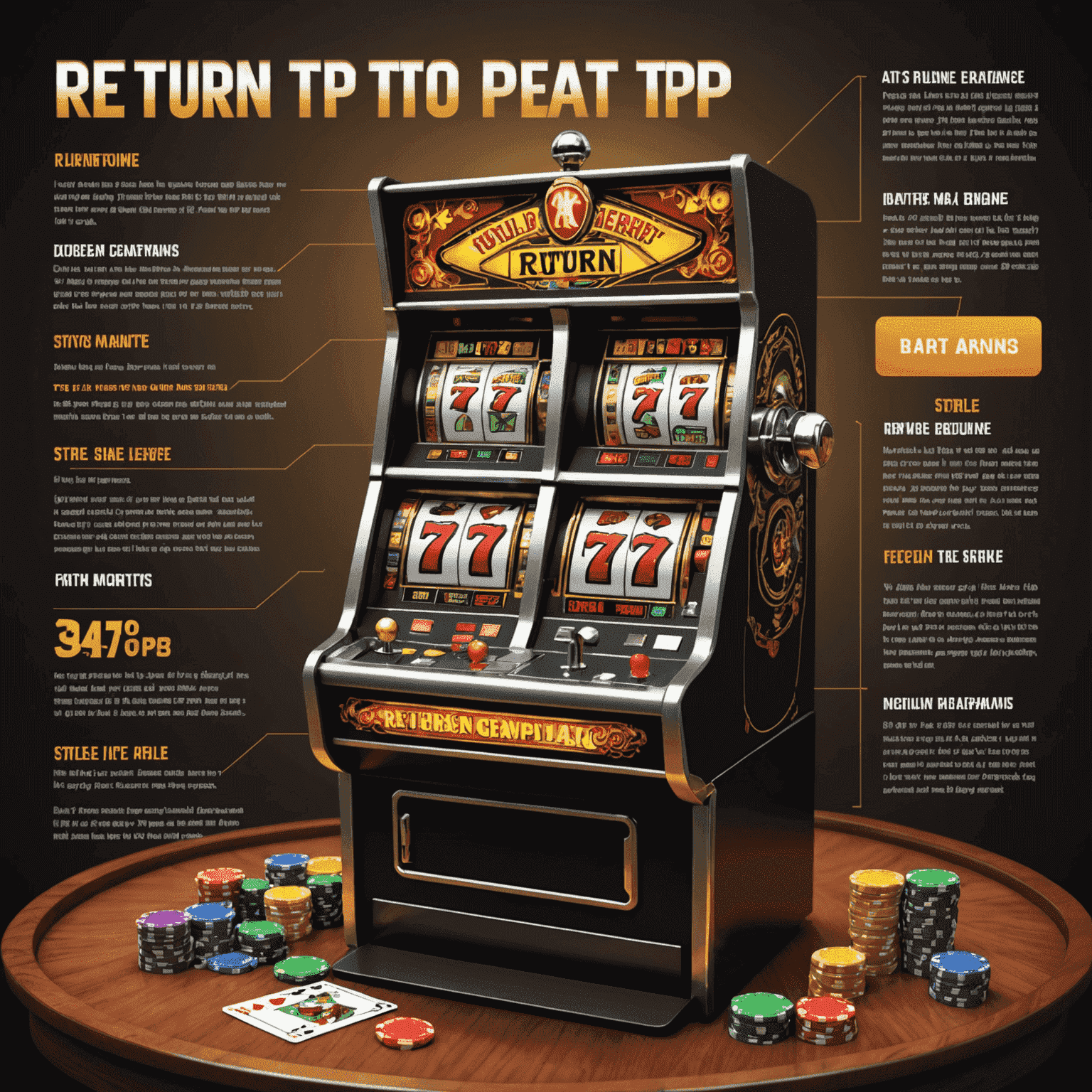 Infographic explaining Return to Player (RTP) concept with charts and slot machine graphics