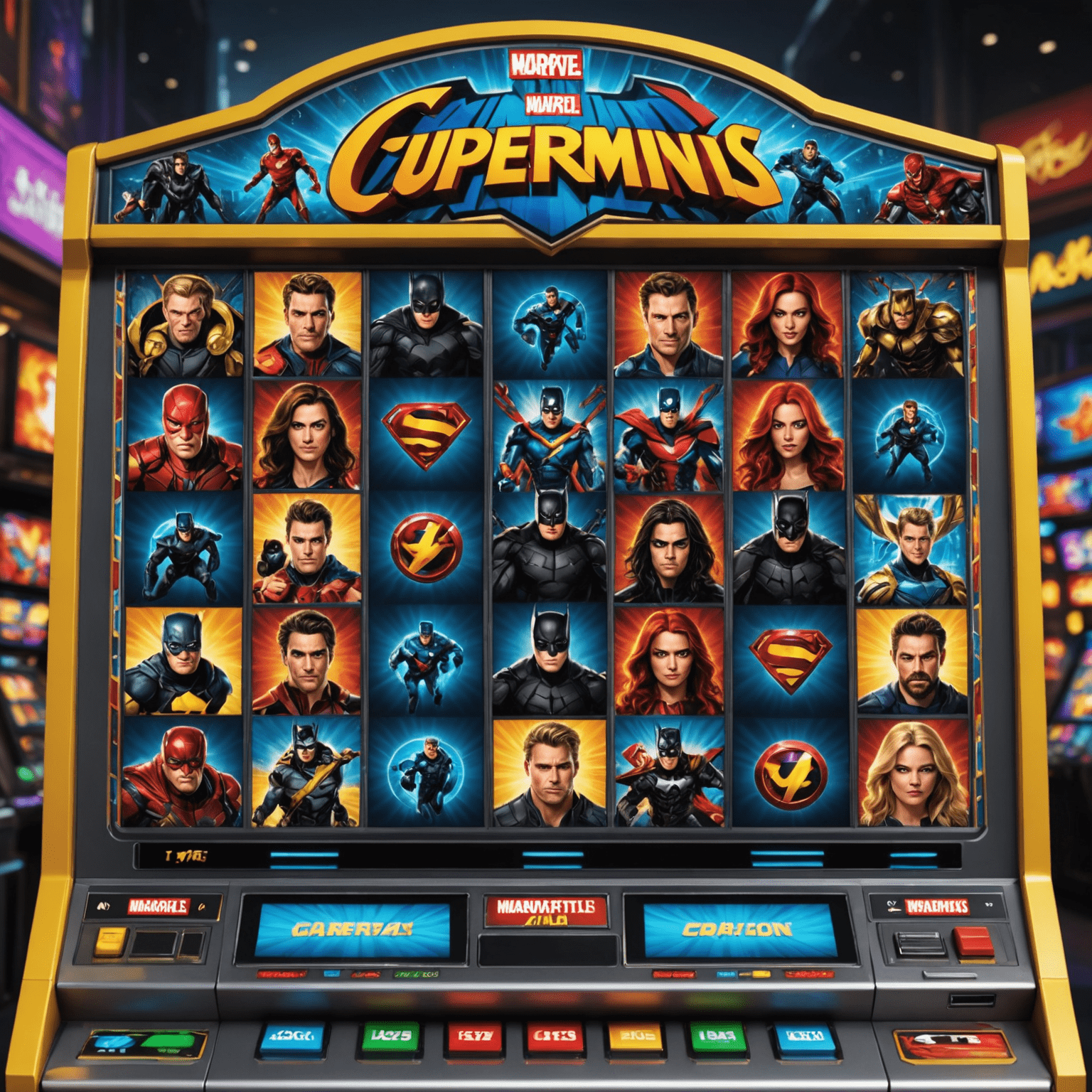 A modern video slot machine displaying characters from a popular superhero movie franchise, with vibrant graphics and multiple bonus features visible